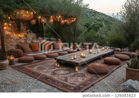 an outdoor lounge area at a boho wedding, featuring rugs, cushions, and low wooden tables with candles and dried flowers, surrounded by nature, warm evening tones 126085823