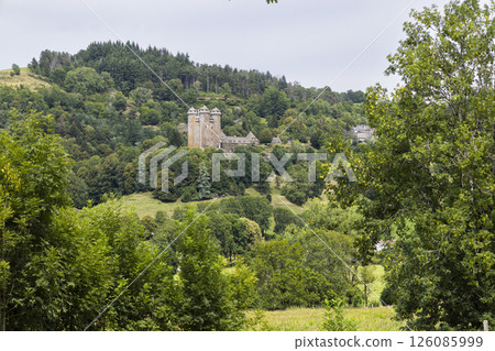Anjou Castle standing on a green hill in Tournemire, Cantal, Auvergne Rhone Alpes, France Anjou Castle standing on a green hill in Tournemire, Cantal, Auvergne Rhone Alpes, France 126085999