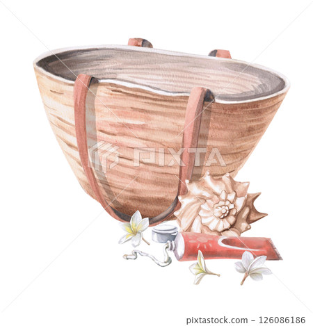 Large beach bag with shell and cream. Isolated watercolor illustration on vacation theme for theme party design, travel postcards, poster and clothing printing. 126086186