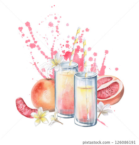 Glasses with juice, grapefruit, slice and half with biscuits on the background. Isolated watercolor illustration for restaurant menu design, interior decoration, weddings, poster printing. Glasses with juice, grapefruit, slice and half with biscuits on the background. Isolated watercolor illustration for restaurant menu design, interior decoration, weddings, poster printing. 126086191