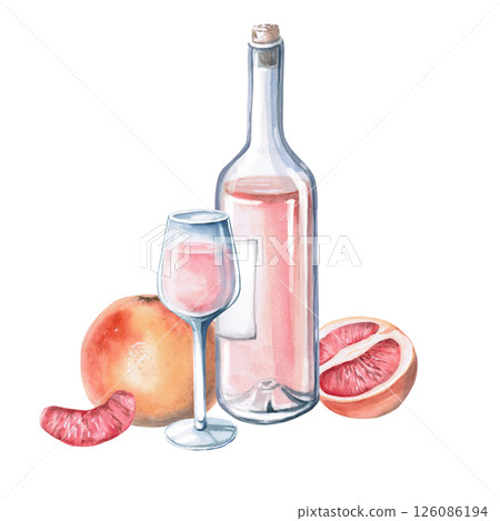 Wine bottle with glass and grapefruits. Isolated watercolor illustration for restaurant menu design, interior decoration, weddings, poster printing. 126086194