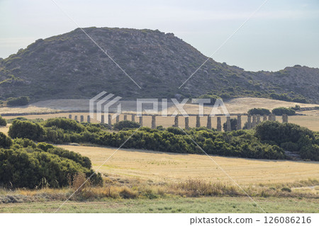 Aqueduct to Los Banales, Roman archaeological site near Uncastillo, Province of Zaragoza, Spain 126086216