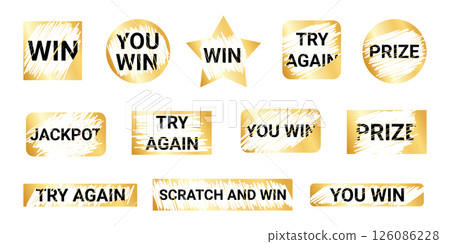 Scratch lottery card shapes set - You Win brush lettering smudged strokes. Hatching chalk shading doodle vector stickers. Positive uplifting grungy overlay ragged clipart. Scratch lottery card shapes set - You Win brush lettering smudged strokes. Hatching chalk shading doodle vector stickers. Positive uplifting grungy overlay ragged clipart. 126086228