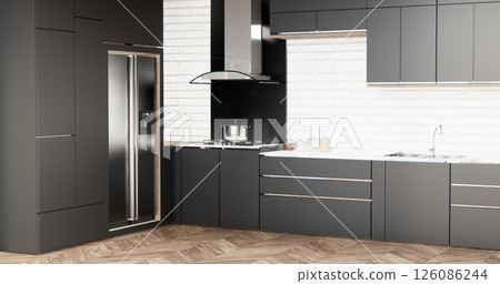 black Kitchen room scene mock up . 3D rendering black Kitchen room scene mock up . 3D rendering 126086244