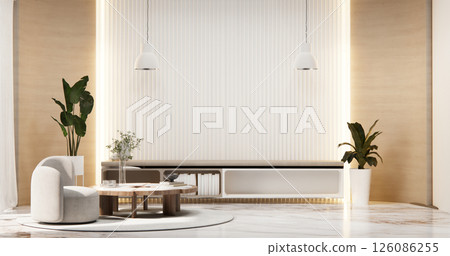 TV cabinet on white wood flooring and white wall, minimalist and zen interior of living room japanese style.3d rendering 126086255