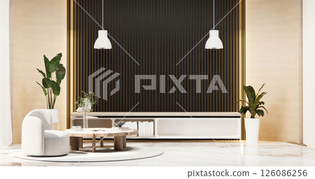 white room and black panels wall background and decor living room 3D illustration rendering 126086256