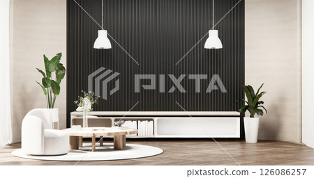 white room and black panels wall background and decor living room 3D illustration rendering 126086257