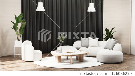 white room and black panels wall background and decor living room 3D illustration rendering 126086259