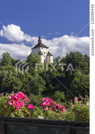 Scenic view of Podsreda Castle rising above green forest in Slovenia 126086448
