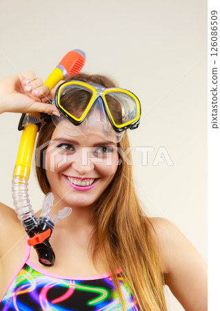 Woman with snorkeling mask having fun Woman with snorkeling mask having fun 126086509
