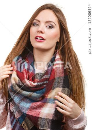 Woman wearing woolen checked scarf warm autumn clothing 126086564