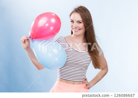 Woman summer joyful girl with colorful balloons 126086687
