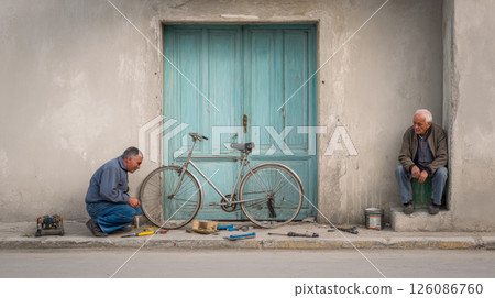 A man fixes a bicycle with tools scattered nearby as an elderly resident observes from his doorway A man fixes a bicycle with tools scattered nearby as an elderly resident observes from his doorway 126086760