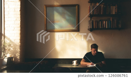 A man calmly journals while sipping coffee in a cafe filled with vintage charm and warm afternoon light 126086761
