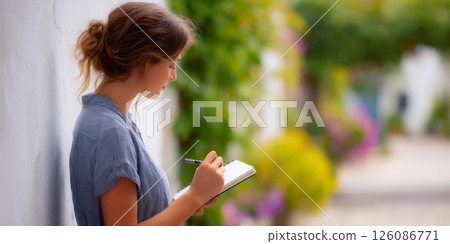 A young woman sketches in her notebook, enjoying the serene atmosphere of a quaint European alley A young woman sketches in her notebook, enjoying the serene atmosphere of a quaint European alley 126086771