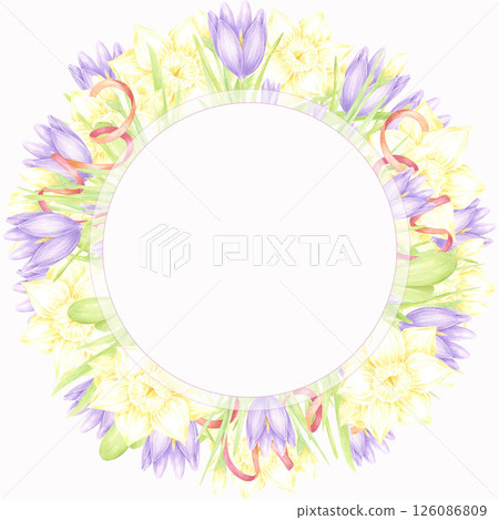 Hand drawn watercolor daffodil and crocus with green leaves and red ribbon wreath frame border isolated on white background. Can be used for postcard, invitation, scrapbook and other printed products. Hand drawn watercolor daffodil and crocus with green leaves and red ribbon wreath frame border isolated on white background. Can be used for postcard, invitation, scrapbook and other printed products. 126086809