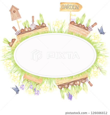 Hand drawn watercolor garden frame border with blooming flowers in boxes and butterflies isolated on white background. Can be used for postcard, label, scrapbook and other printed products. 126086812