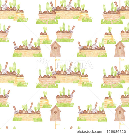 Hand drawn watercolor hyacinth bulbs with green leaves in boxes with tools, rustic seamless pattern isolated on white background. Can be used for textile, fabric, scrapbook and other printed products. Hand drawn watercolor hyacinth bulbs with green leaves in boxes with tools, rustic seamless pattern isolated on white background. Can be used for textile, fabric, scrapbook and other printed products. 126086820