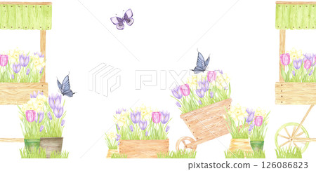 Hand drawn watercolor blooming flowers in carts and boxes seamless border isolated on white background. Can be used for textile, postcard, scrapbook and other printed products. Hand drawn watercolor blooming flowers in carts and boxes seamless border isolated on white background. Can be used for textile, postcard, scrapbook and other printed products. 126086823
