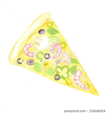 Hand drawn watercolor pizza slice with shrimps pepper and olives isolated on white background. Can be used for label, card, scrapbook and other printed products. Hand drawn watercolor pizza slice with shrimps pepper and olives isolated on white background. Can be used for label, card, scrapbook and other printed products. 126086829
