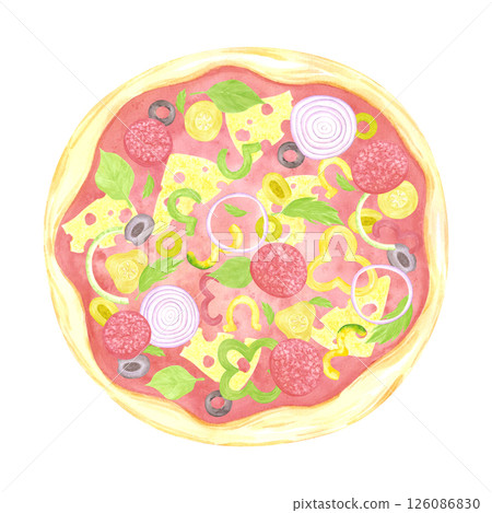 Hand drawn watercolor pizza with tomatoes cheese salami pepper and olives isolated on white background. Can be used for label, card, scrapbook and other printed products. Hand drawn watercolor pizza with tomatoes cheese salami pepper and olives isolated on white background. Can be used for label, card, scrapbook and other printed products. 126086830