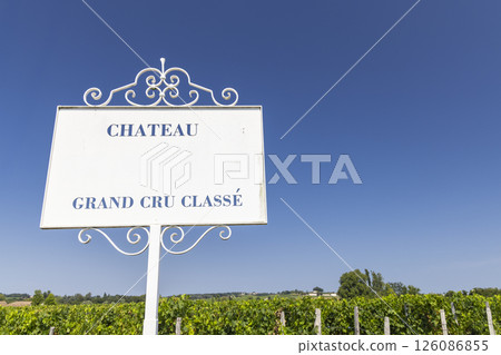 Typical vineyards with information board Grand Cru Classe near Saint-Emilion, Bordeaux, Aquitaine, France 126086855