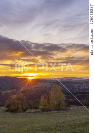 Golden sunset and colorful autumn foliage in National park Polana mountains, Slovakia 126086887