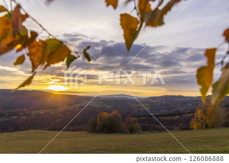 Golden sunset and colorful autumn foliage in National park Polana mountains, Slovakia 126086888