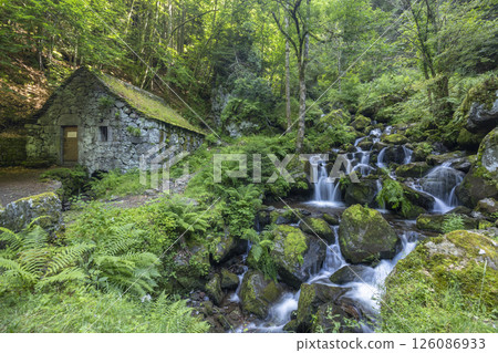 Water wheel mill (Moulin de Chambeuil) with waterfalls, Laveissiere, Cantal, Auvergne-Rhone-Alpes, France 126086933