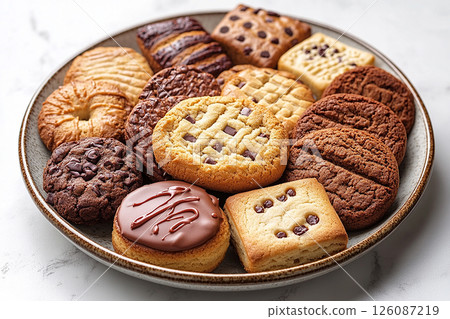 Variety of bakes and cookies in ceramic plate on a white background. 126087219