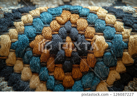 Handwoven rug texture with geometric print on a white background. Top view. Handwoven rug texture with geometric print on a white background. Top view. 126087227