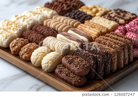 Variety of bakes and cookies in on a wooden trading tray on a white background. Variety of bakes and cookies in on a wooden trading tray on a white background. 126087247