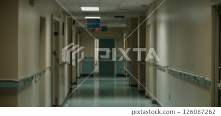 Empty hospital hallway with natural light and clean walls in a quiet medical facility interior 126087262