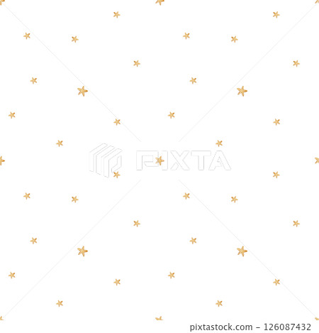 Watercolor pattern golden stars fly chaotically. Seamless print in children style. Illustration on isolated background for textile design, fabric, baby clothes, packaging, paper, wallpaper, nursery 126087432