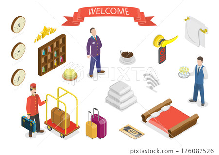 3D Isometric Flat  Illustration of Welcome Hotel Service, Inn Management Set 126087526