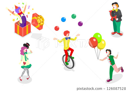3D Isometric Flat  Set of Clowns, Collection of Funny and Colorful Circus Cartoon Characters 126087528