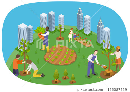 3D Isometric Flat  Illustration of Eco Volunteers , Individuals Planting Trees in Urban Park or Garden 126087539