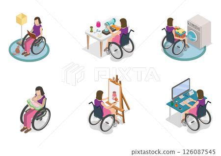 3D Isometric Flat Illustration of Disabled Character and Household Chores, Home Tasks Completion 3D Isometric Flat Illustration of Disabled Character and Household Chores, Home Tasks Completion 126087545