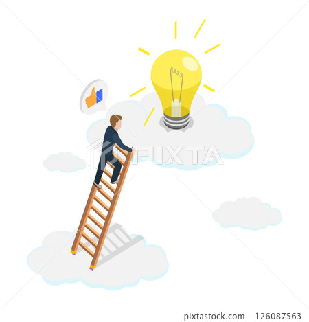 3D Isometric Flat Illustration of Opportunity and Wisdom, Innovative Businessman Climbing Pencil Ladder to Find Lightbulb Idea in the Clouds 3D Isometric Flat Illustration of Opportunity and Wisdom, Innovative Businessman Climbing Pencil Ladder to Find Lightbulb Idea in the Clouds 126087563