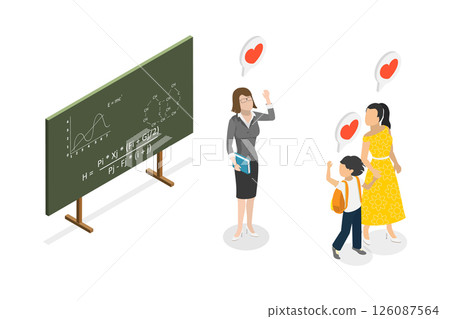 3D Isometric Flat  Illustration of Junior School Class, Picking up a Kid From School at the End of the Day 126087564