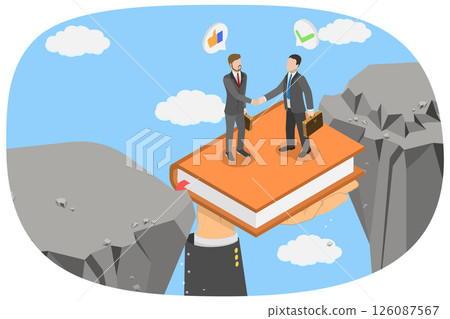 3D Isometric Flat  Illustration of Overcoming Disagreements, Businessmen in a Handshake Resolving Disputes and Reaching a Consensus 126087567