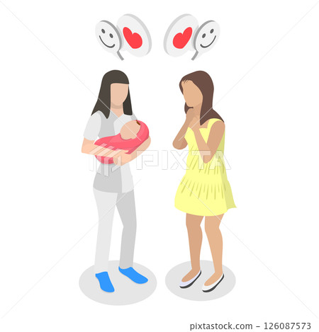 3D Isometric Flat Illustration of Happy Motherhood, Happy Mother Watches Nurse Hold Newborn Baby for the First Time 3D Isometric Flat Illustration of Happy Motherhood, Happy Mother Watches Nurse Hold Newborn Baby for the First Time 126087573