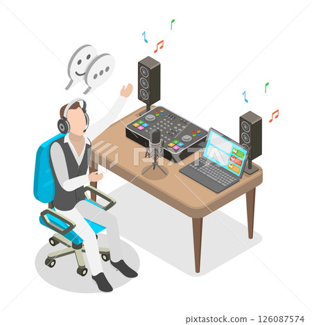 3D Isometric Flat Illustration of Live Broadcast , Man in Headphones Smiling as he Talks on the Radio with Microphone Interacting with Listeners 3D Isometric Flat Illustration of Live Broadcast , Man in Headphones Smiling as he Talks on the Radio with Microphone Interacting with Listeners 126087574