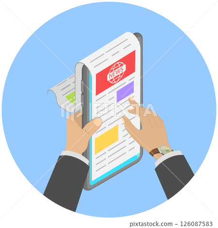 3D Isometric Flat  Illustration of Online News, Reading the Newspaper on a Tablet PC or Smartphone 126087583