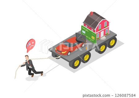 3D Isometric Flat  Illustration of Cost Of Living, Exhausted Businessman Managing Financial Burdens of Mortgage, Car Payment, Education Loan, and Credit Card 126087584