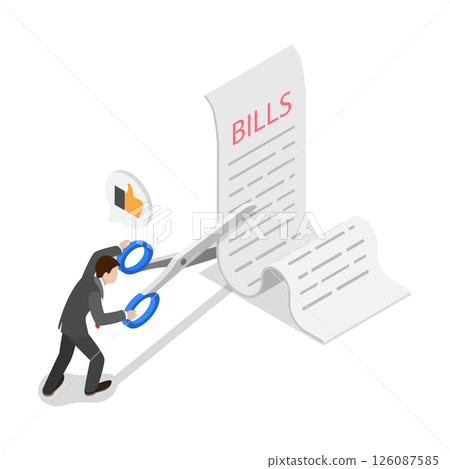 3D Isometric Flat  Illustration of Cut Bills To Reduce Cost, Saving Money and Controling Cash Flow 126087585