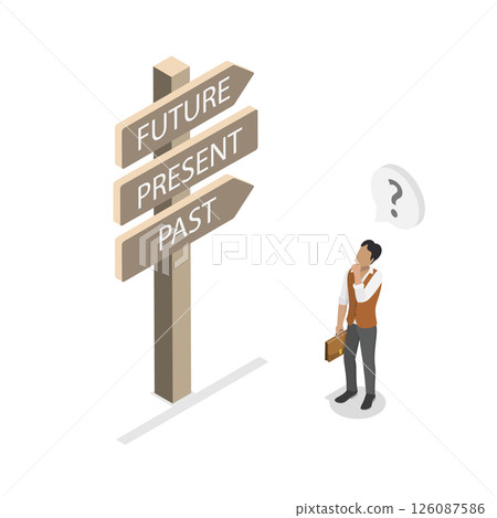 3D Isometric Flat Illustration of Choose Journey Direction, Man With Signpost Choosing Past, Present, Or Future Course 3D Isometric Flat Illustration of Choose Journey Direction, Man With Signpost Choosing Past, Present, Or Future Course 126087586