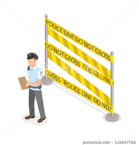 3D Isometric Flat  Illustration of Area With Yellow Tape, Serious Police Officer Near Fenced Area With Yellow Tape 126087588