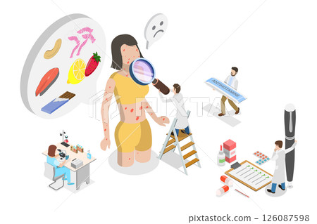 3D Isometric Flat  Illustration of Allergic Symptoms, Allergy Diagnosis At Allergists Examination 126087598