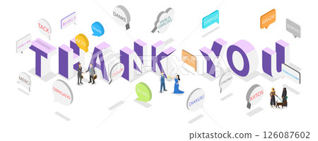 3D Isometric Flat  Illustration of Thank You, Lettering in Different Languages 126087602